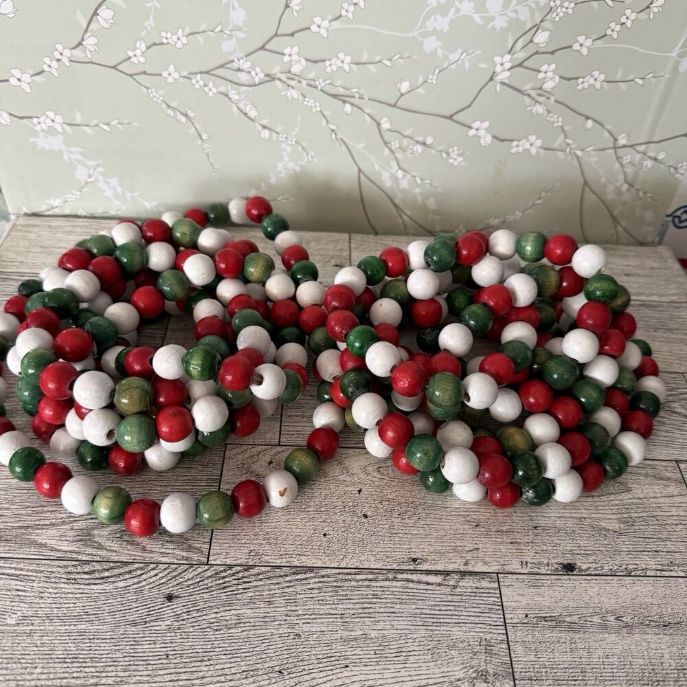 Vintage 9 ft WOODEN BEAD Christmas Tree Garland Strands Red Green White LOT OF 2